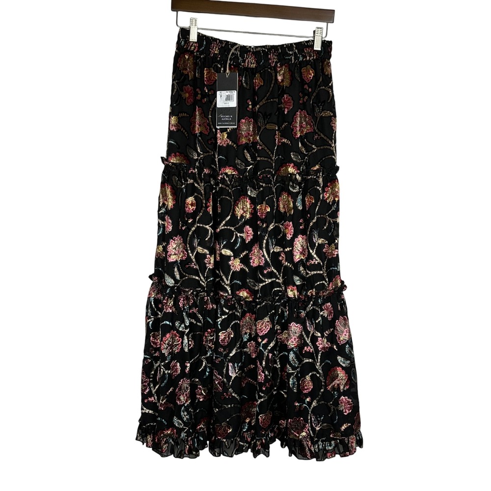 Talisman Black Floral Velvet Burnout‎ Tiered Maxi Skirt Whimsigoth Gypsy S